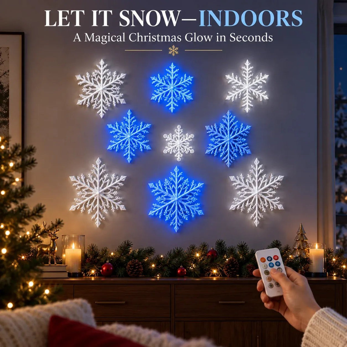 ❄️ LED Snowflake Wall Lights | 🎄3D Christmas Snowflake Decor with blue-white lighting, remote control & magical indoor holiday atmosphere ✨